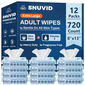 Adult Wipes for Elderly - 720 Count Extra Large 8"x13" Disposable Washcloths Rinse Free Bathing Wipes for Incontinence & Bedridden Care - Thick, Soft & Unscented with Aloe & Vitamin E (12 Packs of 60)