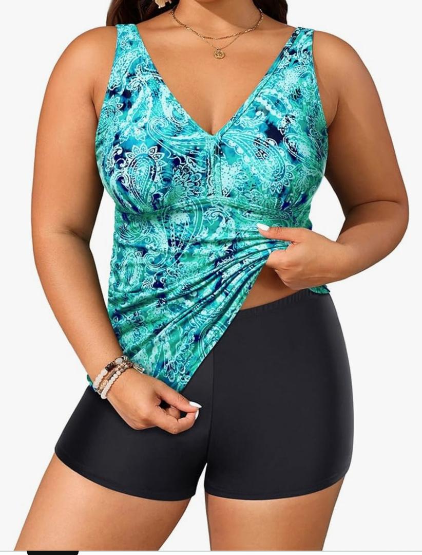 Womens Swimsuits with Shorts Tummy Control Tankini Two Piece Bathing Suits Athletic Swimwear, M