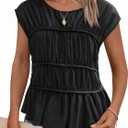 Cicy Bell Womens Cap Sleeve Peplum Tank Tops Summer Babydoll Smocked Cotton Shirts Casual Crew Neck Pleated Blouse (Small, Black)