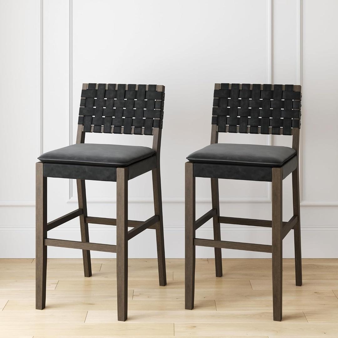 Nathan James Cohen Mid-Century Modern 29 in. Wood Bar Stool, Upholstered Faux Leather Bar Height Stool with Solid Wood Frame, Black, Set of 2