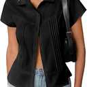 Cicy Bell Womens Short Sleeve Button Down Shirts Pleated Slim Fit Summer Dressy Casual Blouses, L, Black
