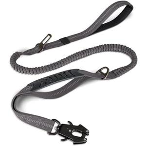 Joytale Tactical Dog Leash Heavy Duty, 4-6FT Shock Absorbing Bungee Lead with 2 Padded Handle, Metal Carabiner Clip, Car Seatbelt, Strong No Pull Leash for Medium Large X-Large Dogs, Gray