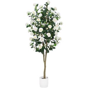 Artificial Camellia Tree 6FT  Nearly Natural Faux Plants Indoor, with Easy Assembly, Low Maintenance, Ideal for Both Indoor Decoration and Other PurposesPerfect Porch Christmas Trees (White 6ft)
