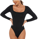 Women's Thong Bodysuits for Tummy Control Seamless Body Suits Long Sleeve Shapewear Square Neck Casual T-Shirt Tops, L