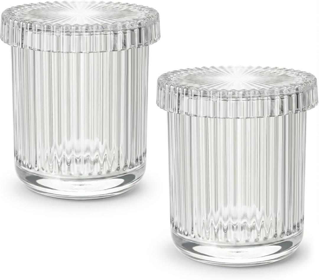 2 Pack Glass Qtip Holder Dispenser - Bathroom Organizers and Storage, Clear Apothecary Jars Set, Bathroom Essentials Accessories Decor, Vanity Makeup Storage Organizer (Clear)