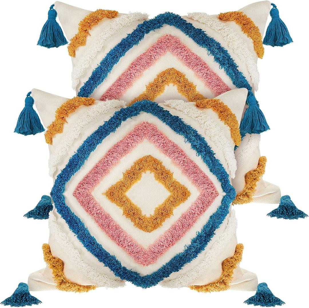 Moukeren 2 Pcs Bohemian Throw Pillow Covers 18 x 18 Inches Woven Tufted Cushion Covers with Tassel Diamond Throw Cushion Cases for Bed Couch Sofa Living Room Bedroom, No Pillow Insert(Fresh)
