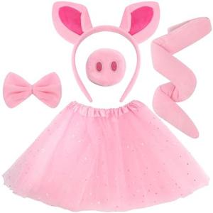 Exacoo Pink Pig Costume Set Fuzzy Pig Ears Headband Piggy Nose Tail Tutu Skirt Bowtie Kit Animal Circus Costumes Dress Up Halloween Cosplay Decoration Cute Piglet Outfit 3+
