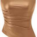 PRETTYGARDEN Women's Faux Leather Tube Tops 2025 Summer Strapless Asymmetrical Ruched Bandeau Shirts Going Out Club Outfits (Light Brown)