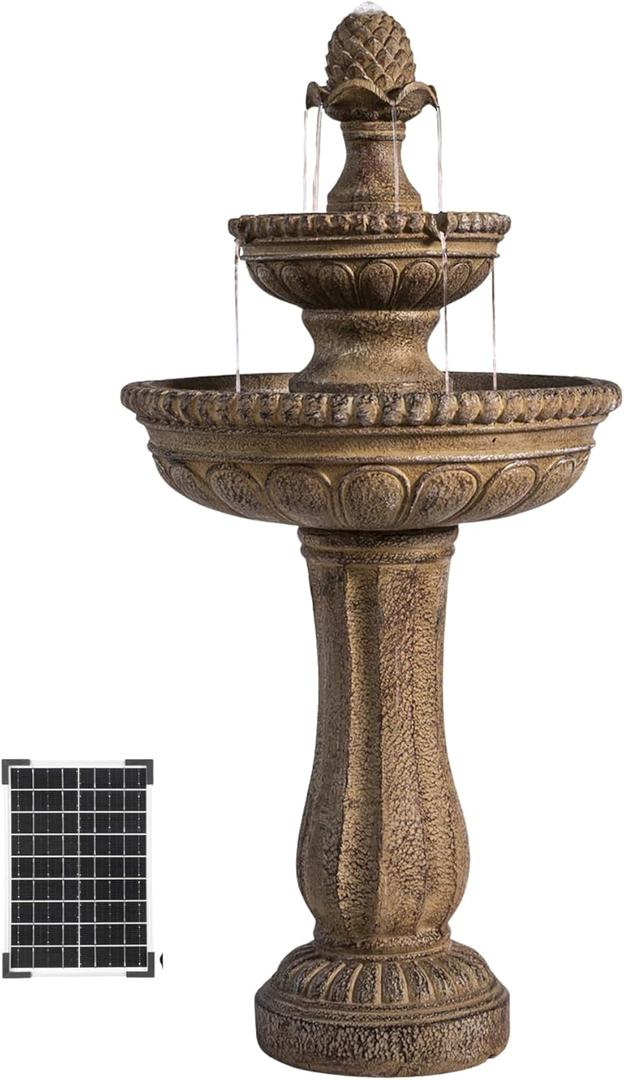 XBrand 39" 2-Tier Outdoor Freestanding Solar Water Fountain  Classic Sand Stone Resin Bird Bath with Pump  Solar Powered Garden Decor for Patio, Yard, Porch, and Lawn (Brown)