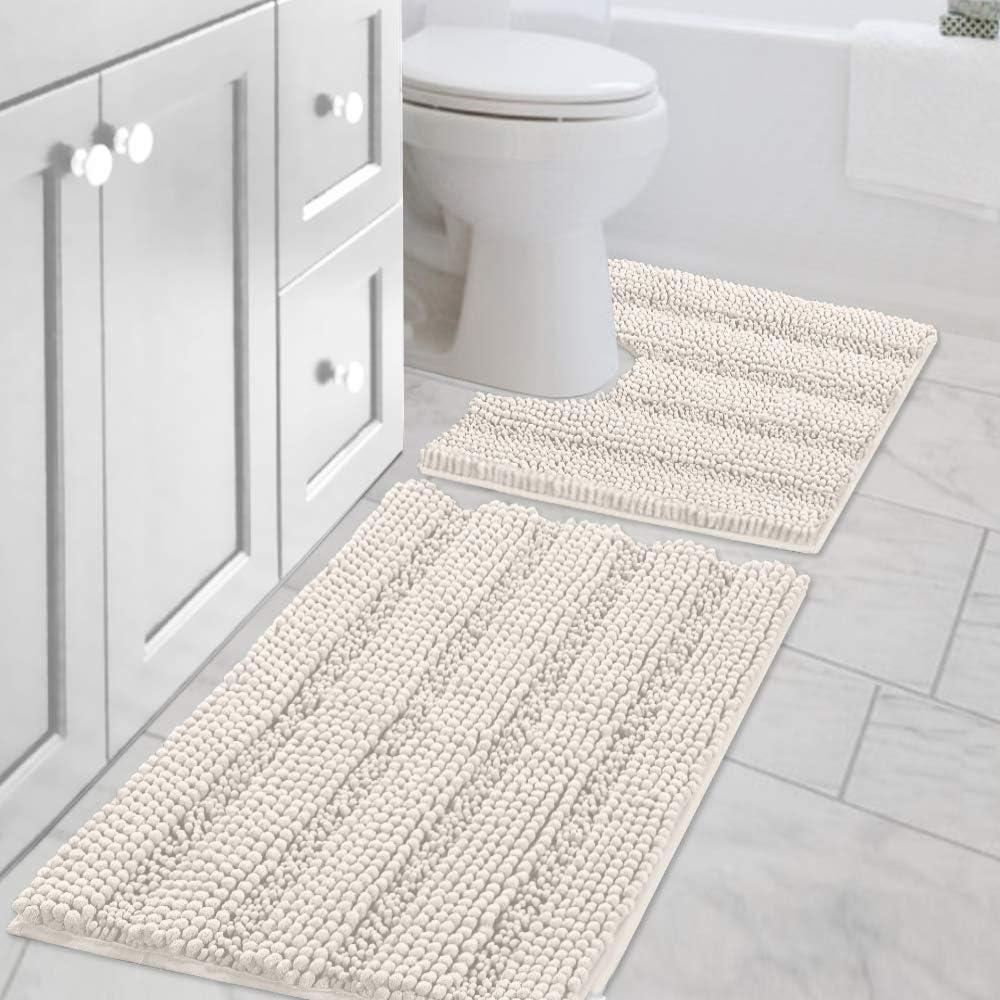 H.VERSAILTEX Bathroom Rugs Bath Rug Set 2 Piece Bathroom Contour Rug Toilet Mat Sets Non Slip Contour Bath Rug Ultra Thick Water Absorbent Striped Bath Mats Washable(20" x 32" Plus 20" x 20" U, Ivory), 20" x 32" Plus 20" x 20" U Shape