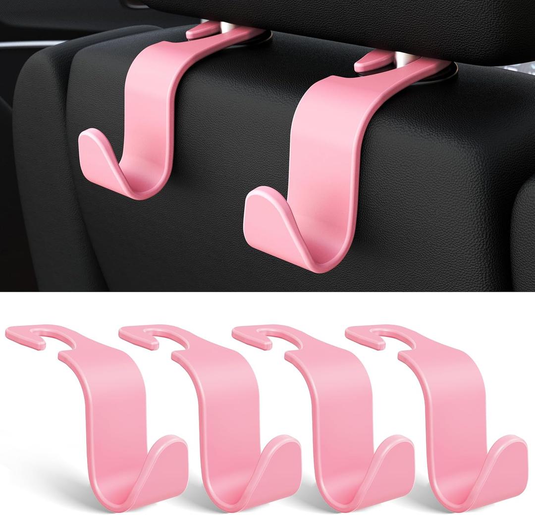 Amooca Universal Car Headrest Hooks, Car Organizer Hanger Storage Hooks for Bag Purse Cloth Grocery (Pink Set of 4)