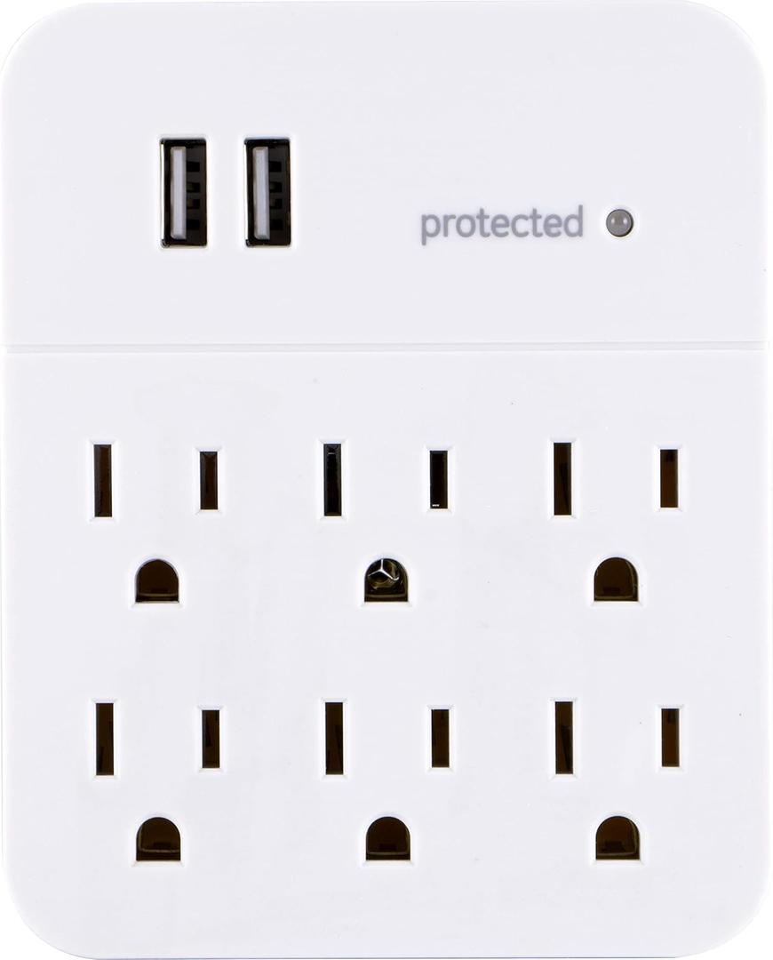 GE 6-Outlet Extender Surge Protector with 2 USB Ports, Charging Station, Wall Tap Adapter, Protected Indicator Light, 3-Prong, 560 Joules, 2.1 AMP/10 Watt, UL Listed, White, 36735