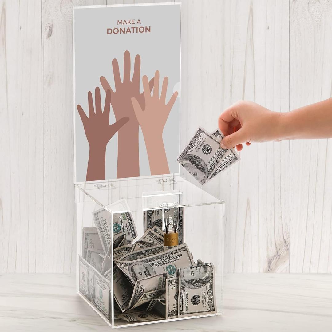 Youeon Square Acrylic Donation Box with Lock, 7 x 7 x 18 in Clear Suggestion Box with Slot and Lock, Ballot Tin with Sign Holder for Tip, Comment, Voting, Charity, Fundraising