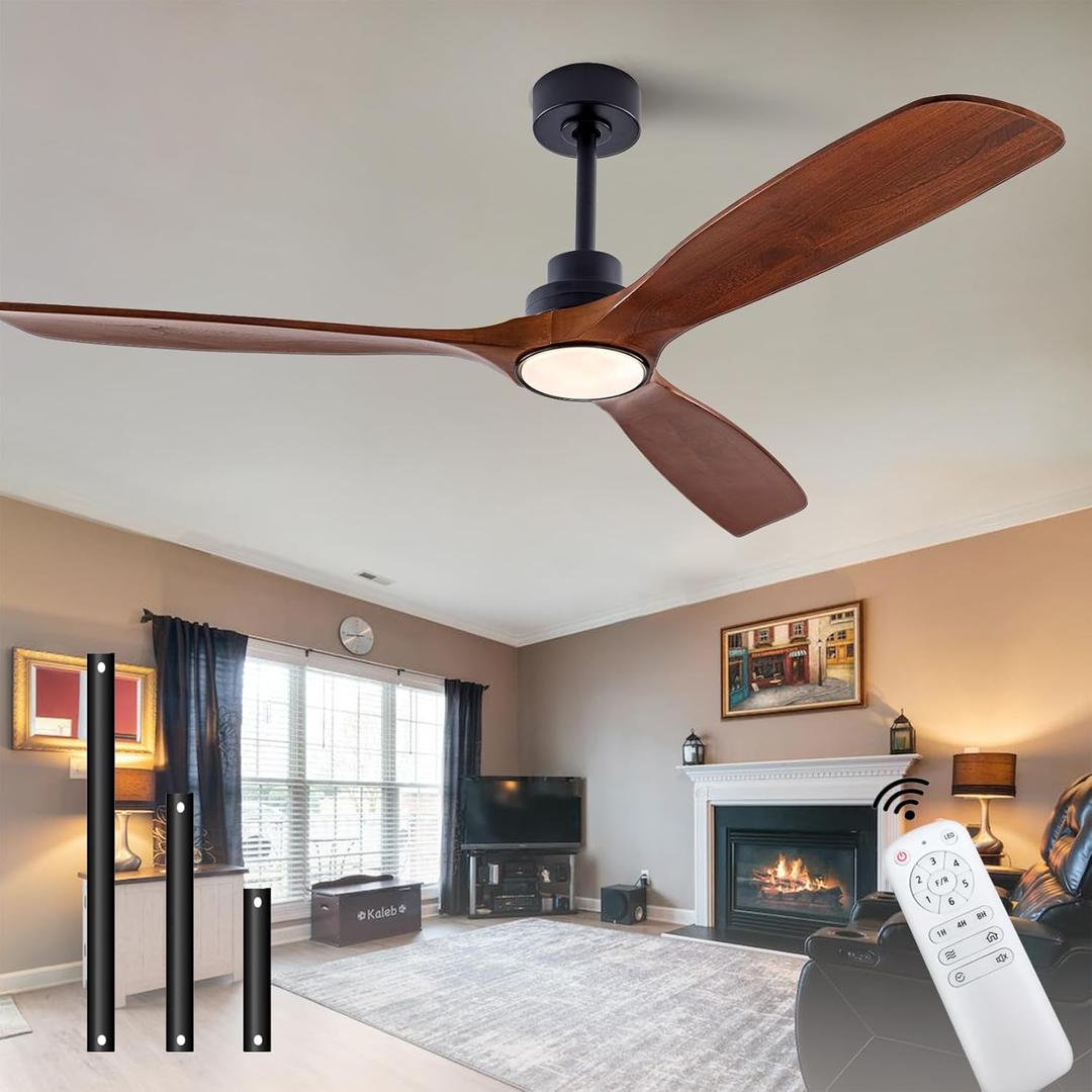 60" Wood Ceiling Fan with Lights Remote Control, Quiet DC Motor 3 Blade Ceiling Fans for Patio Living Room, Bedroom, Office, Indoor Outdoor, Black/ Walnut