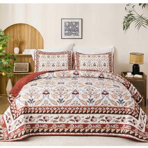 DJY Queen Size Quilt Sets, Burgundy Floral Quilt Set Queen 3 Pieces Red Boho Bedspread Coverlet Set with 2 Pillowcases Soft Lightweight Microfiber Bedding for All Season (96"x90")