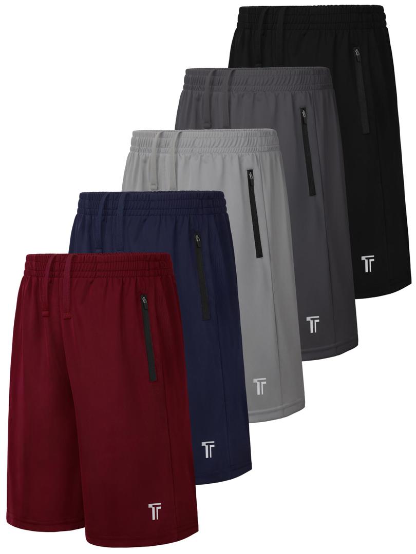 Tuliara 5 Pack Boys Athletic Shorts with Zipper Pockets Basketball Soccer Quick Dry Teen Kids Sport Shorts Elastic Waist Set B, 2XL