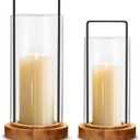 Houmury Set of 2 Hurricane Candle Holders Lantern 12 & 10with Wood Base Metal Handle Glass Cylinder Modern Farmhouse Decor for Home Decoration, Table Centerpieces (Warm Amber Brown)