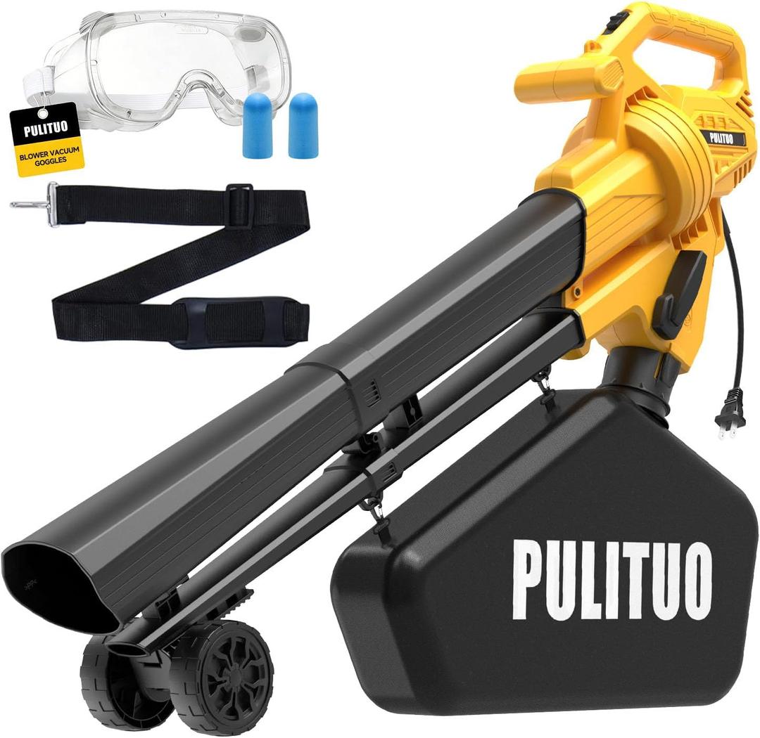 PULITUO 3 in 1 Electric Leaf Blower Vacuum Mulcher with Bag, 530CFM & 170MPH Leaf Vacuum Corded Blowers for Lawn Care, 15:1 Powerful Leaf Mulcher with Shoulder Strap (Yellow)