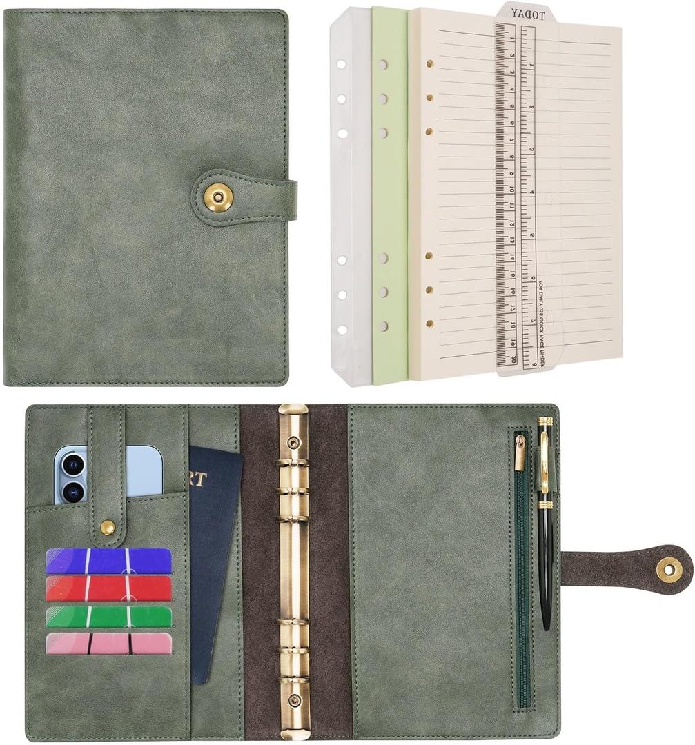Wonderpool A5 Binder Journal Leather Spiral Notebook Refillable College Ruled Paper, Budget Binder Rings Diary Organizer with Pen for Office School Travel Business Planning Writing (Green,A5)