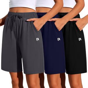 Neer 3 Pack Women's Quick Dry Shorts Women Drawstring High Waisted Bermuda Athletic Shorts with Pockets (XX-Large, Black, Navy Blue, Dark Grey)