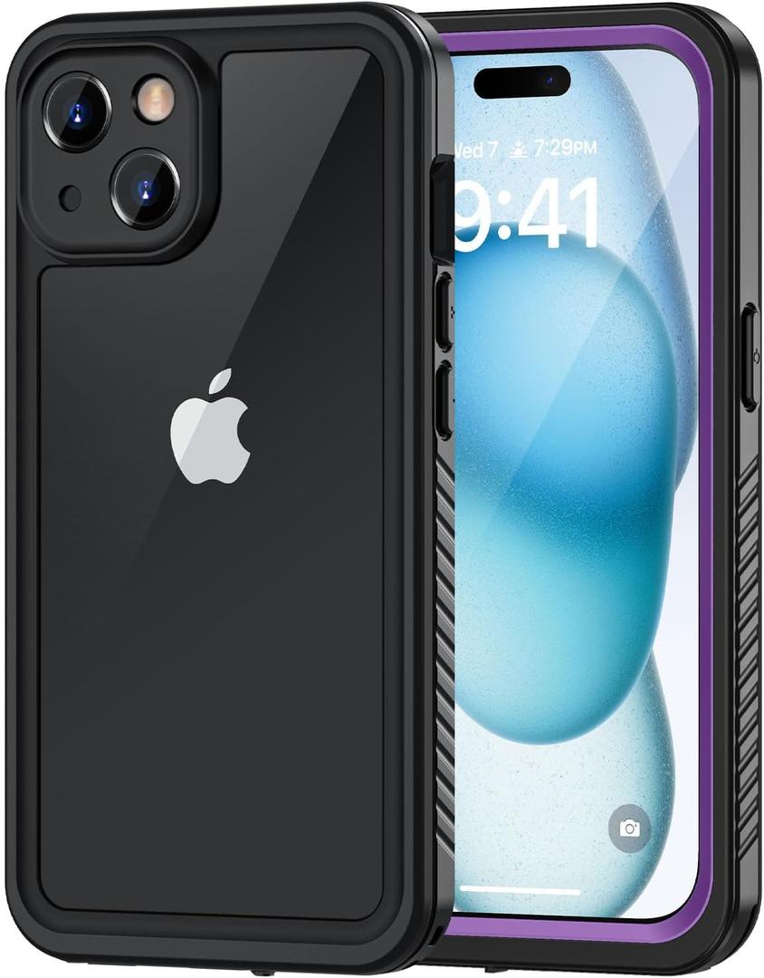Lanhiem for iPhone 15 Case, IP68 Waterproof Dustproof Shockproof Cases with Built-in Screen Protector, 360 Full Body Protective Heavy Duty Rugged Phone Cover for iPhone 15-6.1 inch (Purple)