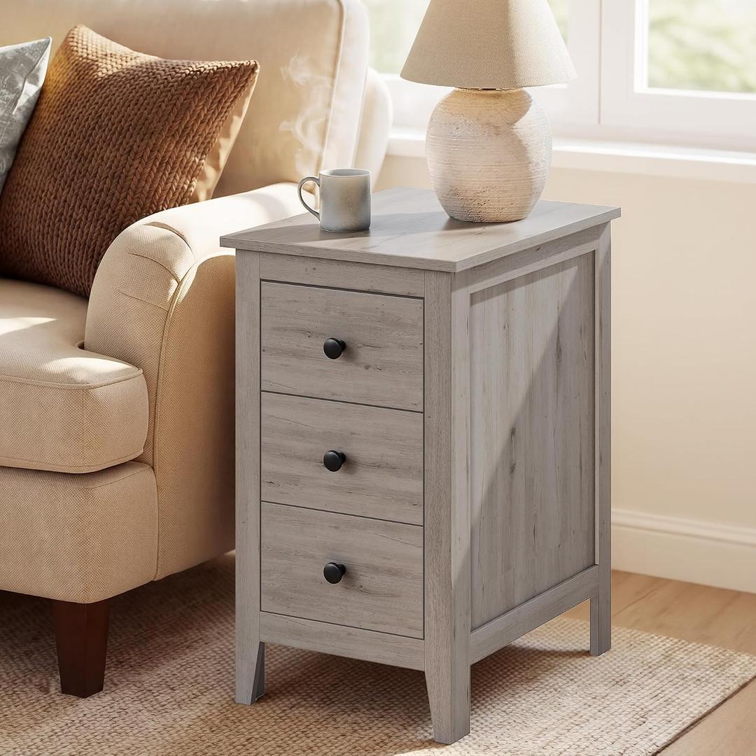 VASAGLE Side End Table with 3 Storage Drawers, Nightstand Farmhouse, 18.9"D x 14.2"W x 24.8"H