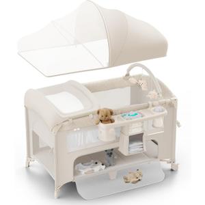 4 in 1 Baby Bassinet, Pack and Play, Bedside Crib Sleeper, Diaper Changer - Comes with Mattress, Mosquito Net, Bottom Storage and Toy Bar for Newborn to Toddles (Beige)