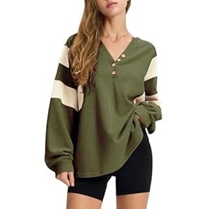 EXLURA Women's Oversized V Neck Henley Shirt Patchwork 2024 Color Block Sweatshirt Long Sleeve Button Pullover Tunic Tops Army Green, Size XS 