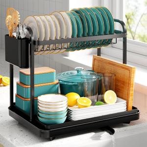 Dish Drying Rack - Stainless Steel Dish Rack for Kitchen Counter, 2-Tier Kitchen Organizers and Storage Rack with Drainboard and Cutlery Holder, Large, Black