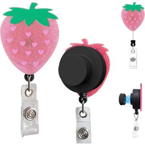 2 x Magnetic Badge Holder with Strong Magnet Back, Pink Strawberry Retractable Badge Reel, ID Card Clip for Nurses, Teachers, Office Professionals