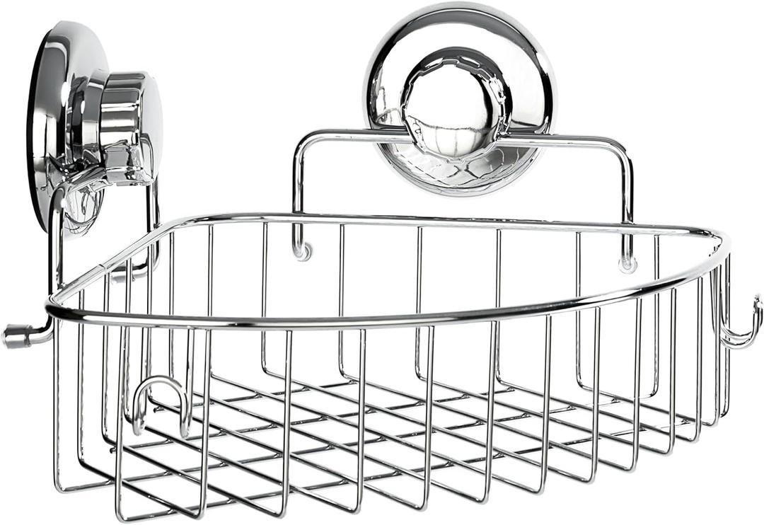 Corner Shower Caddy with Suction Cups and 3M Adhesive Mounting Discs for porous surfaces - Stainless Steel Basket for Bathroom Storage (Chrome)