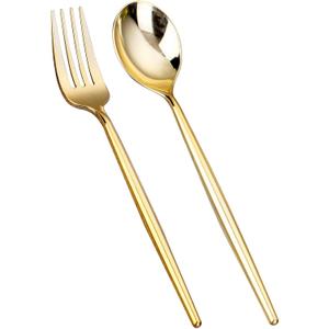 SUT 100PCS Gold Plastic Forks and Spoons Heavy Duty Set, Gold Disposable Silverware, Gold Cutlery, Gold Disposable Utensils, Plastic Flatware Includes 50 Forks, 50 Spoons for Party