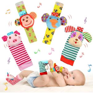 Infant Rattle Socks Toys 0 to 12 Months, Baby Wrist Rattle Foot Finder Socks Set, Birthday Holiday Present for Newborn Boy Girl 0/3/4/6/7/8/9/12/18 Months Kids Toddler, Gift Box Package (4A)