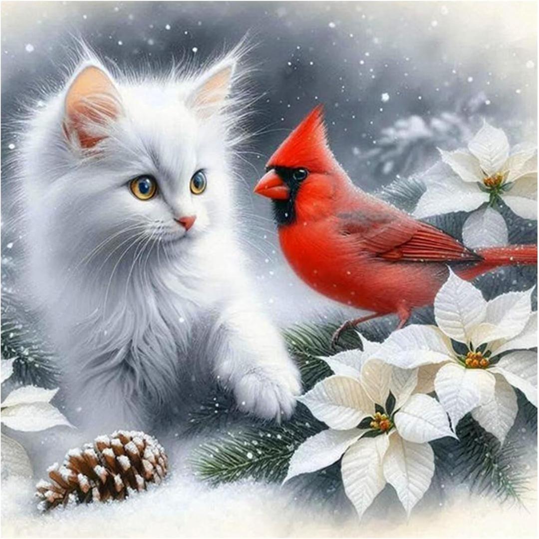 AMORARS Cat and Cardinal Diamond Art Kits for Adults - 5D Diamond Painting Kit for Beginners - DIY Full Diamond Dot Rond Gem Art Paintings and Gifts Home Decoration Crafts, 12x12Inch