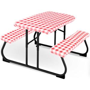 3 Pieces Picnic Table Cover for Kids with Bench Covers Fitted Tablecloth for Outdoors Vinyl Waterproof cloth for Camping Home Goods Indoor Outdoor Patio BBQ(Red, White)