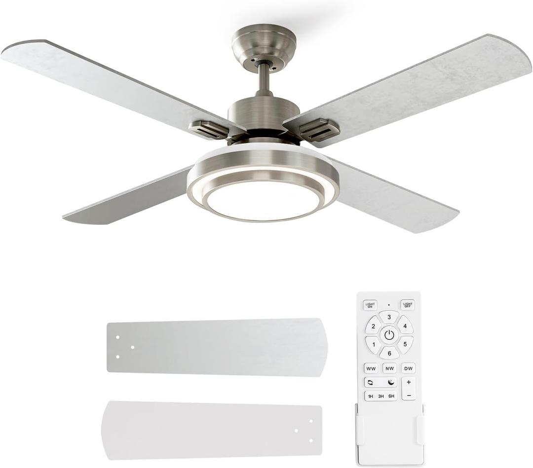 warmiplanet Ceiling Fan with Lights Remote Control, 52 Inch, Brushed Nickel Motor (4-Blades)