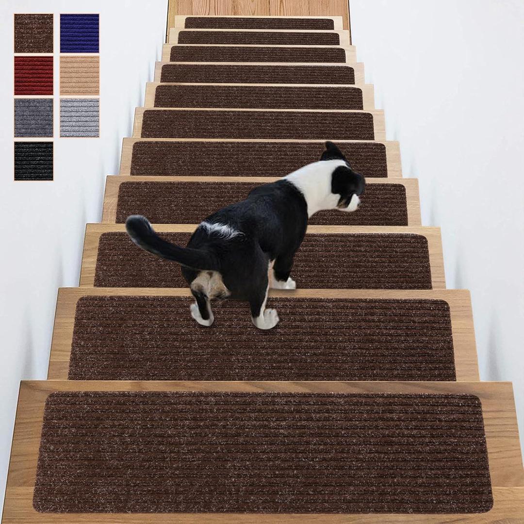 Stair Treads Non-Slip 16 Pack 8"x30" - Carpet Stair Runner for Indoor Wooden Steps with TPE Backing & Anti-Skid Surface, Reusable Adhesive Safety Rug for Kids/Elder/Pet-Friendly - Brown