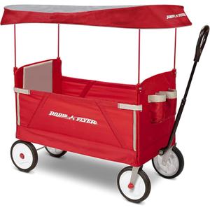Radio Flyer 3-in-1 EZ Fold Wagon with Canopy, for Kids 1.5+, UV Shade, One-Hand Flat Fold, Seats 2 or Converts to Bench, DuraClean Fabric, Rubber Tires, 150 lb Capacity, Wagon for Kids or Cargo