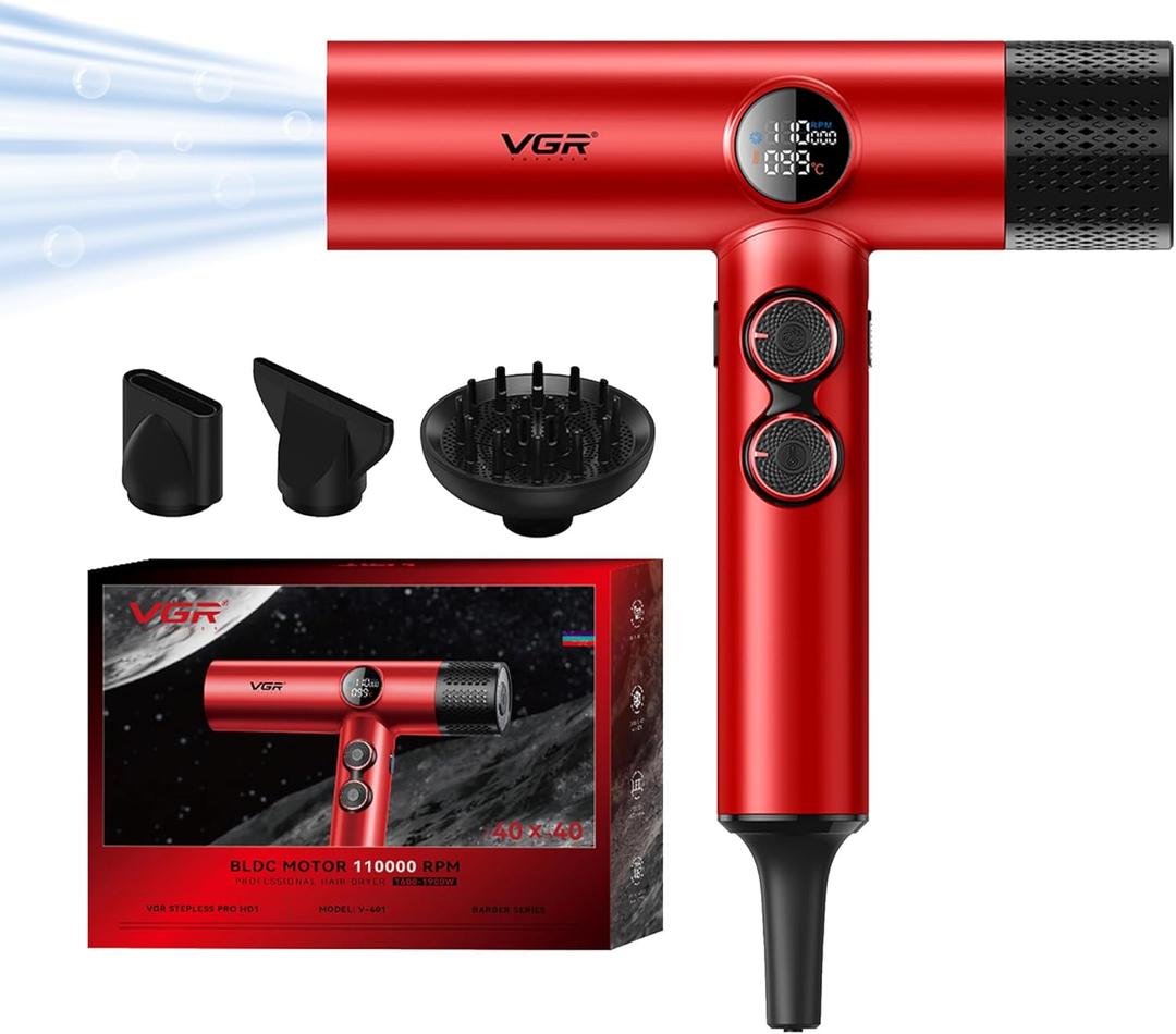 VGR 401 Negative Ionic Hair Dryer, Professional BLDC Motor Blow Dryer for Fast Drying, LED Display Low Noise Thermo and RPM-Control Hairdryer, Travel with Magnetic 1 Diffuser & 2 Nozzle, Red