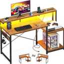 AODK Computer Desk, 48 Inch Gaming Desk with Led Lights & Power Outlet, Office Desk with Storage Shelves, Reversible Desk with Monitor Shelf & Headphone Hook, Rustic Brown