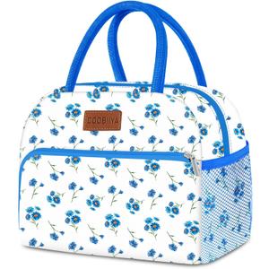 Coobiiya Lunch Bag Women, Lunch Box for Women Adult Men, Small Lunch Bag Leak-proof Cute Lunch Tote Large Capacity Reusable Insulated Cooler for Work/Office/Picnic/Travel-Blue Daisy