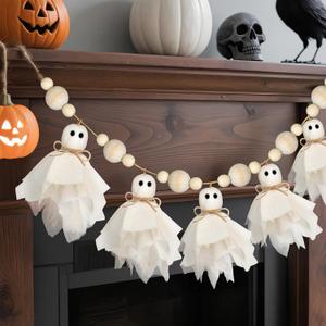 6.5Ft Halloween Ghost Garland with Wooden Beads, White Handmade Cute Ghost Decor, Vintage Farmhouse Halloween Banner Decorations Indoor for Wall, Mantle, Fireplace