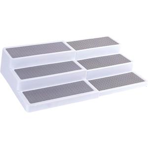 Oizeir 3Tier Expandable Plastic Spice Rack - Adjustable Length, Stability with Non-Skid Shelf, Three Tiers for Easy Visibility, Organizer for Kitchen Cabinet, Pantry or Countertop, White/Grey (1-Pack)