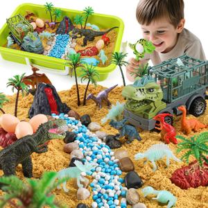 FRUSE Dinosaur Sensory Bin Toys,Play Sand Art Kit with 2.2lbs Sensory Play Sand,Glow in The Dark Dinosaurs,Dino Magnifying Glass and Sandbox,Learning Toys for Kids Ages 3 4 5 6 7 8