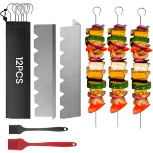 Kabob Skewers Stainless Steel 12-Inch BBQ Skewers with 2 Heavy-Duty Skewer Racks, Set of 12 Flat Metal Sticks & 2 Brushes, Reusable for Meat, Chicken, Vegetables, with Storage Bag (Silver)