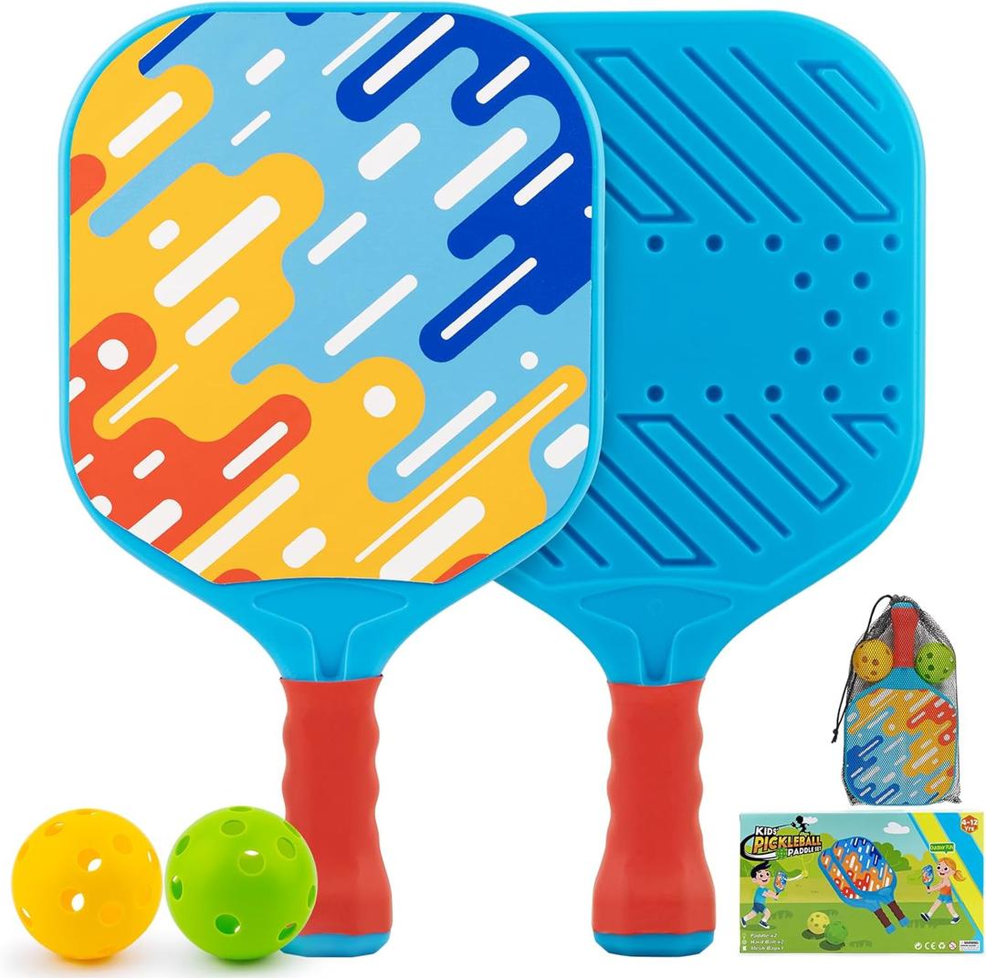 Kids Pickleball Paddles Set of 2  Lightweight, Durable, Ergonomic Grip for Small Hands, Toddler Outdoor Toys Backyard Games for Kids Ages 4 5 6 7 8 Year Old Boy Girl Birthday Gift, Beginner Ball Game