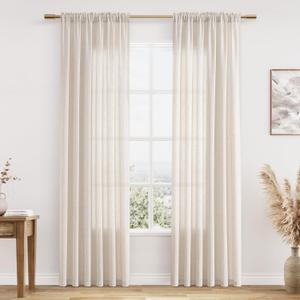 Guken Warm Beige Linen Curtains 84 Inches Long 2 Panel Set Rod Pocket Semi Sheer Dining Room Cozy Bedroom Decor Cotton Look Country Rustic Farmhouse Boho Curtains 52x84