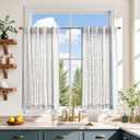 jinchan Boho Kitchen Curtains 36 Inch Linen Tier Curtains with Geometric Pattern Bohemian Cafe Small Light Filtering Window Treatment for Living Room RV Back Tab 2 Panels Blue on Linen, 26"W x 36"L