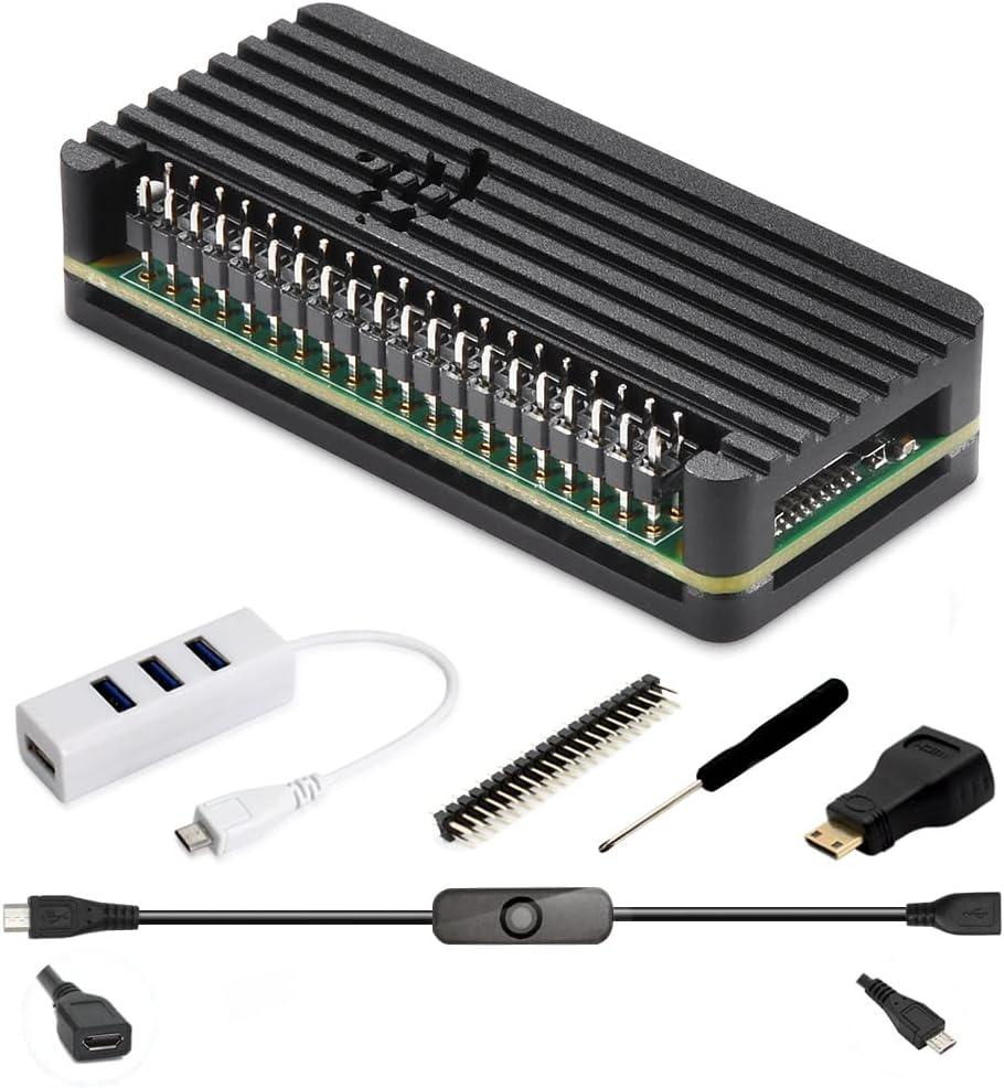 iUniker Pi Zero Aluminum Case Kit with Pin Header, OTG Hub, HDMI Adapter, On/Off Switch for Pi Zero 2