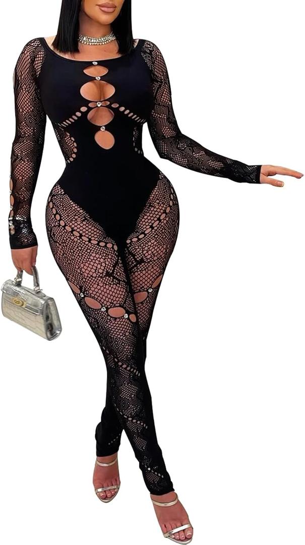 WEICHUJIAN Womens Sexy Mesh Rhinestone Jumpsuit Hollow Lace One Piece Bodysuit Long Sleeve Club Party Outfits (Small-Medium, Black)